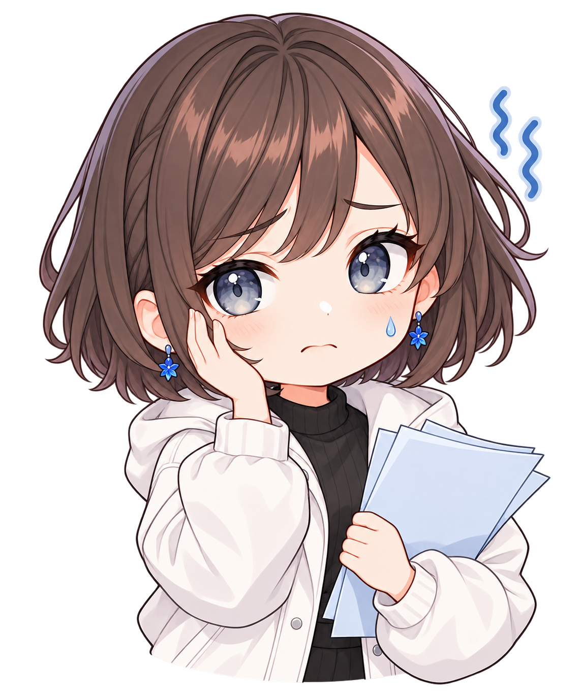 眉を下げて困った表情のなぎさ。増えた仕事を前に悩んでいるイラスト